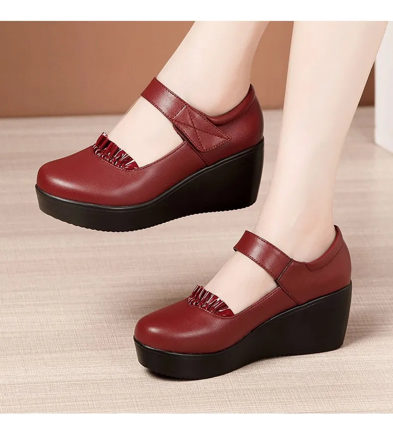 6cm Small Size 32-43 Comfortable Med Heels Pumps Soft Leather Mary Janes 2026 Women's Platform Wedges Shoes for Office Mom Dance