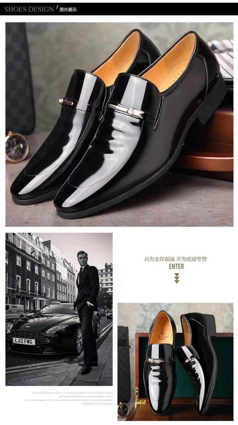 Mens Formal Wine Red Patent Leather Loafers Pointed Toe Slip On Shoes Hollow Out Non SlipBreathable Design Metal Buckle Decor