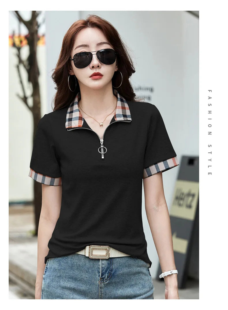 New Women Summer Cotton Polo T-shirt Fashion Button Plaid Turn-down Collar Short Sleeve Slim T-shirt Simplicity Casual Tees Tops