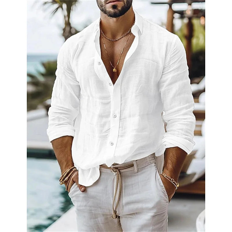 Men's linen shirt, summer shirt, cotton-linen blend button shirt, solid color vacation casual shirt, blue, white, black, pink