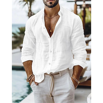 Men's linen shirt, summer shirt, cotton-linen blend button shirt, solid color vacation casual shirt, blue, white, black, pink