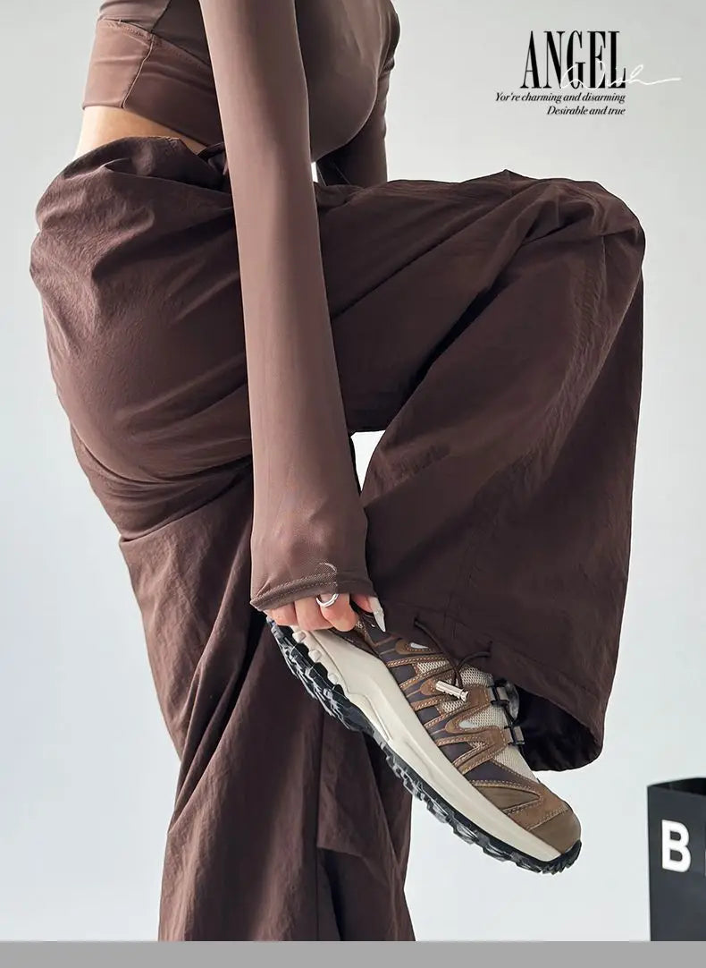 Y2k Hiking Straight Wide Pants Men Streetwear Cargo Paratrooper Pants Casual Brown Quick Dry Pocket Summer Travel Sport Trousers