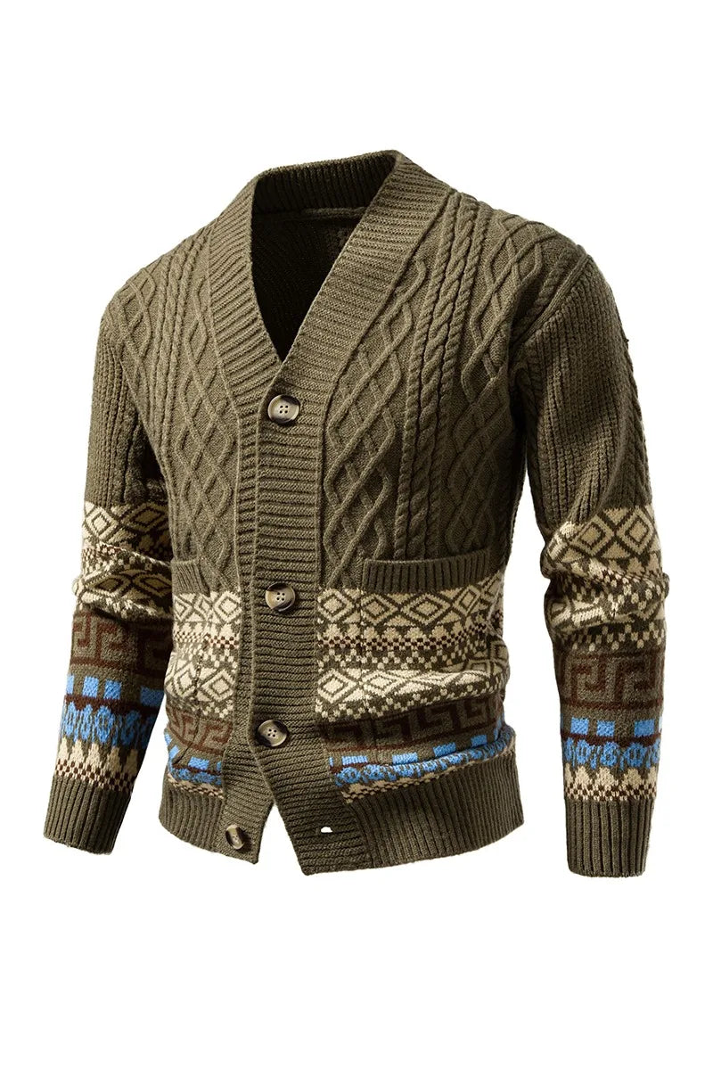 Men's Cable Knit Fair Isle Geometric Striped Cardigan V Neck Button Front Pocket Long Sleeve Sweater Autumn Winter Casual