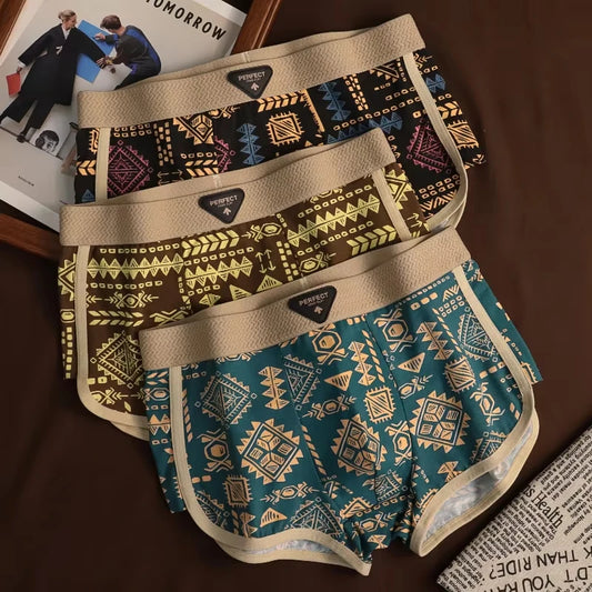 Retro Ethnic Style Men's Boxer Comfortable Briefs Design Vintage Print Elastic Underwear for Man Lingerie Mid Waist Underpants