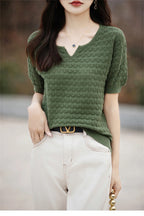 Women's T-shirt Summer New 100% Pure Cotton Tees Casual Solid Knitted Short sleeved V-neck Pullover Loose Tops Fashion Sweater