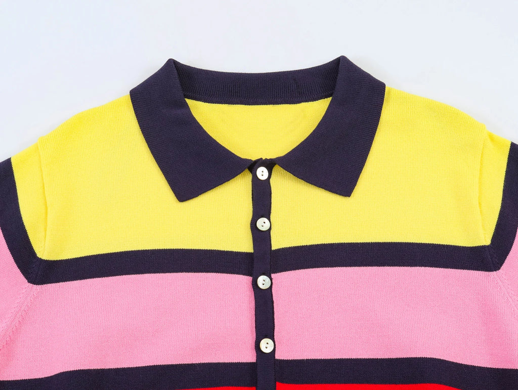 KONDALA Trendy Contrasting Colors Striped Tops Women Casual High Street Polo Shirts 2026 Summer Fashion Holiday Chic Knitted Top