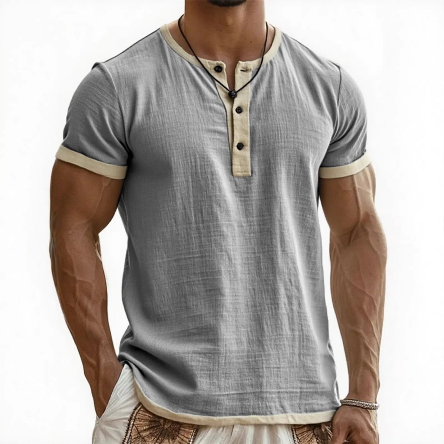 Summer New Men's Cotton Linen Shirt Casual Contrast Trim Short Sleeve Top Breathable Comfort Slim Fit Sports Casual Shirt