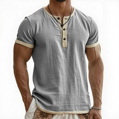 Summer New Men's Cotton Linen Shirt Casual Contrast Trim Short Sleeve Top Breathable Comfort Slim Fit Sports Casual Shirt