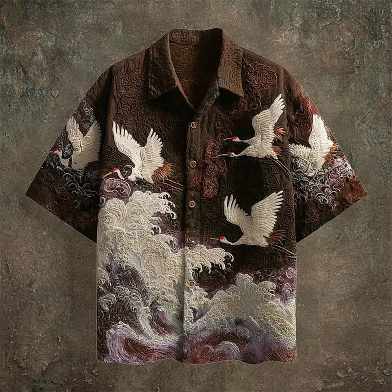 New dark green embossed dark pattern fabric with flying crane and wave printing for men's casual short sleeved shirt