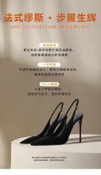New Baotou fine heeled sandals for women, black with a buckle strap and a back strap, fashionable suede high heels