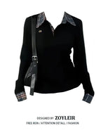 Preppy Polo Neck Plaid Long Sleeve Layered T Shirt Women Fake Two-piece Basic Top V Neck Button Blouses Tees Embroidery
