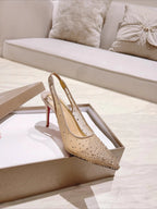 New full diamond hot stamping mesh back empty sandals for women with slim heels and pointed, sweet and breathable high heels