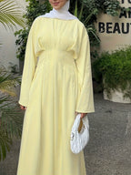 Middle Eastern Ethnic Style New Elegant Robe Muslim Festival Party Ramadan Yellow Long-Sleeved Round Neck Tie Waist Elegant Commuting Comfortable Breathable Solid Color Dress Without Headscarf