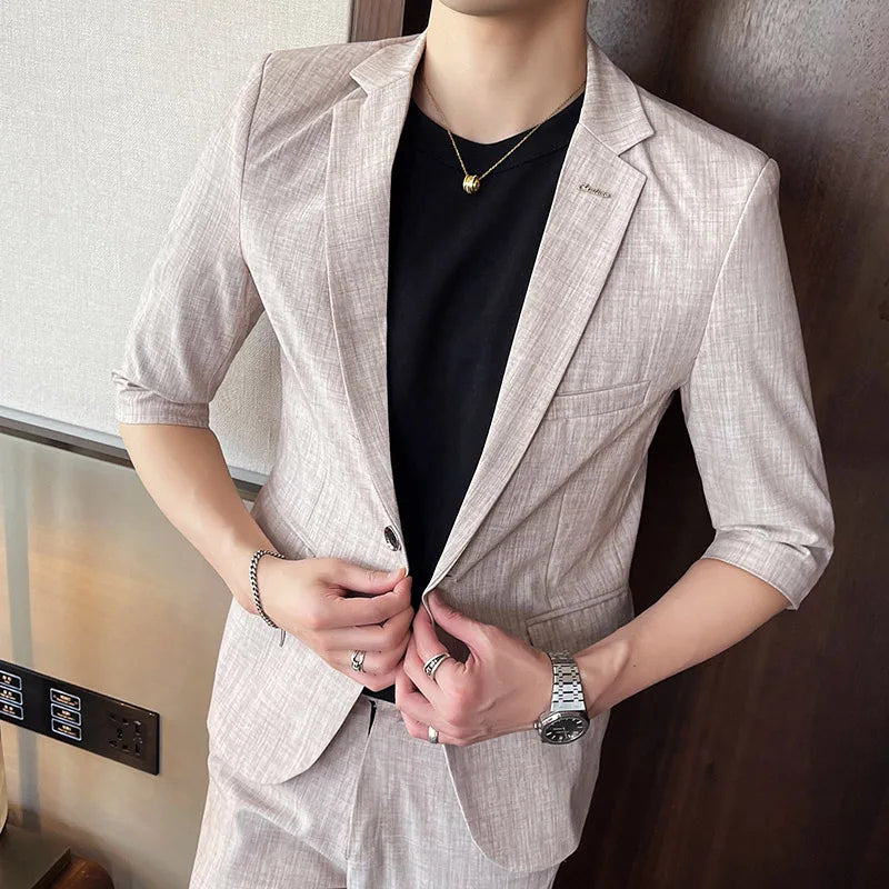 Men's Summer New Slim Fit 3/4 Sleeve Blazer Set Thin Seven-Point Sleeve Suit Outfit Casual Business Two-Piece Set