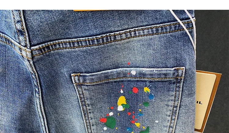 2025 Summer New Fashion Trend Printed Ripped Straight Stretch Jeans Men's Casual Loose Sports High Quality Denim Shorts 28-36