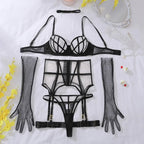 Tornova Sexy Lingerie Suit for Women Solid Color Mesh Patchwork See-through Women's Underwear Suit Sexy Gloves Garters Underwear