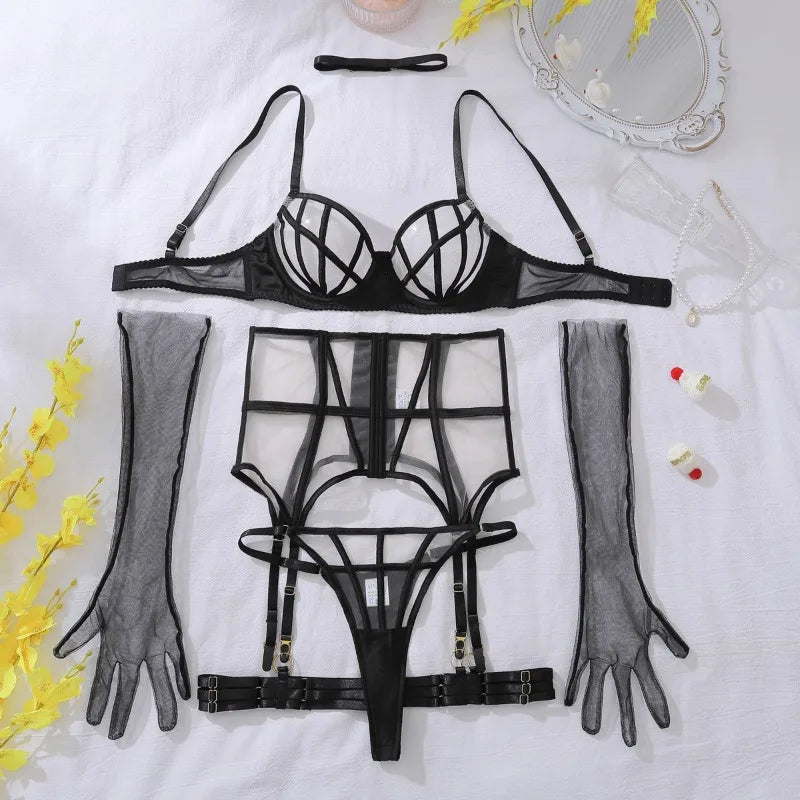 Tornova Sexy Lingerie Suit for Women Solid Color Mesh Patchwork See-through Women's Underwear Suit Sexy Gloves Garters Underwear