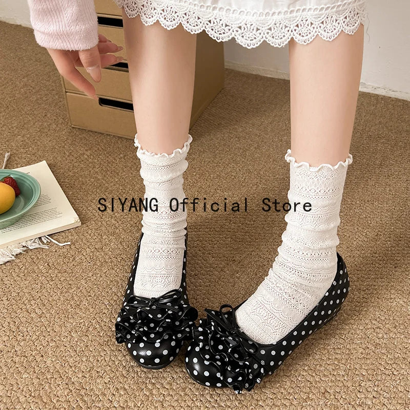 Polka Dot Mary Jane Shoes Women Sweet Ruffle Internal Elevation Shoes Ladies Soft Sole Slip On Daily Comfort Dress Footwear