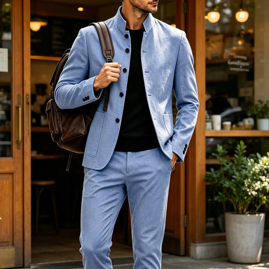 Men's Linen Stand Collar Suit 2-Piece Blazer & Pants Set Slim Fit Business Casual Tuxedo Jacket Trousers Formal Wedding Outfit