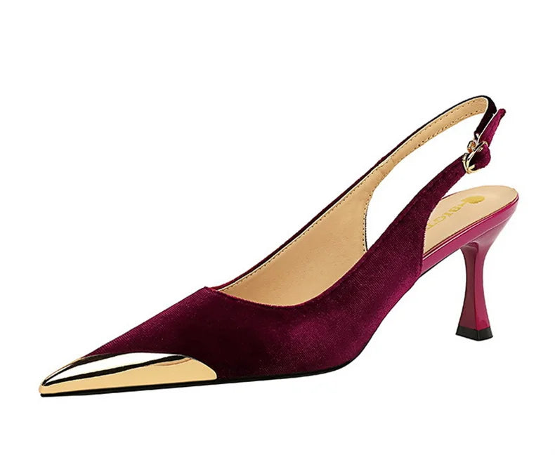 Elegant Women Green High Heel Velvet Pumps Wedding Party Slingback Sandals Metal Pointed Toe Hollow Buckle Wine Red Shoes