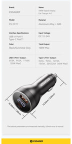 Essager 100W Car Charger USB C Quick Charge PD 45W for iPhone 15 pro 14  Xiaomi Poco Samsung Galaxy S24 Fast Charger Charging