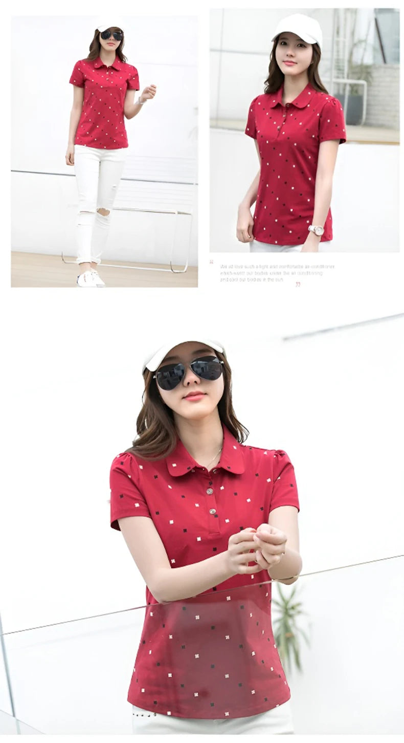 Women's Summer Cotton Shirt - Slim Fit Foldable Flip Collar Short Sleeve Printed Casual Top Trendy Button Design Fashion