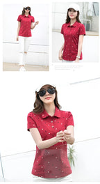 Women's Summer Cotton Shirt - Slim Fit Foldable Flip Collar Short Sleeve Printed Casual Top Trendy Button Design Fashion