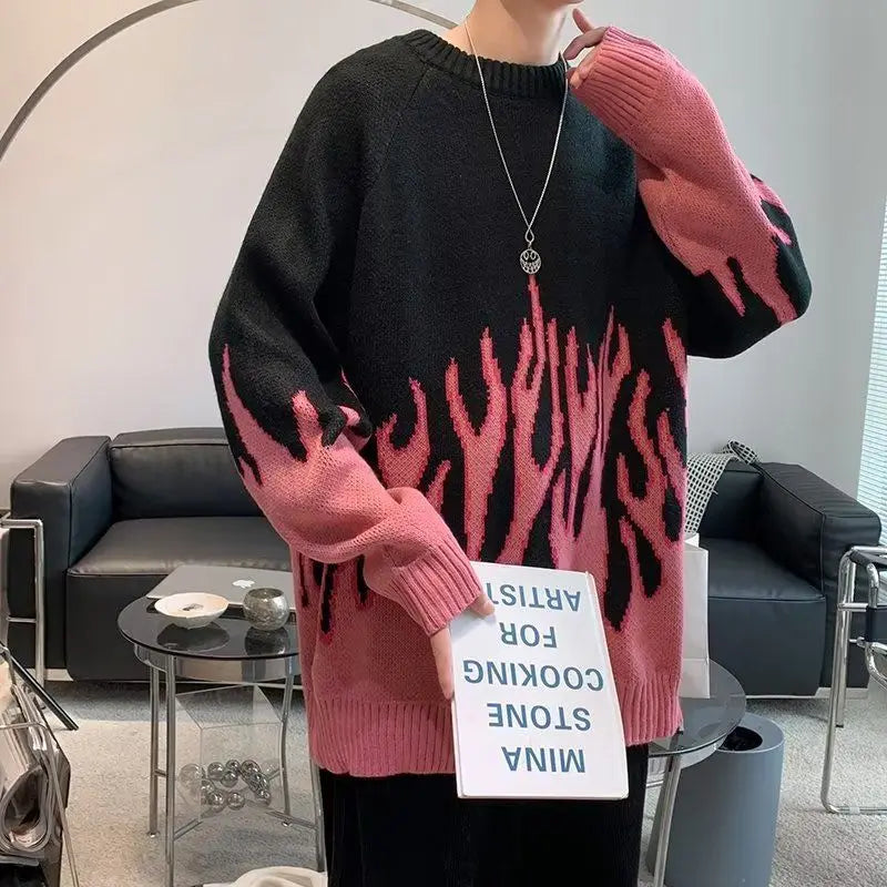 Fashion Gradient Flame Print Oversized Long Sleeve Sweaters Casual Pullovers Men's Clothing All-match Korean Loose Knitting Tops