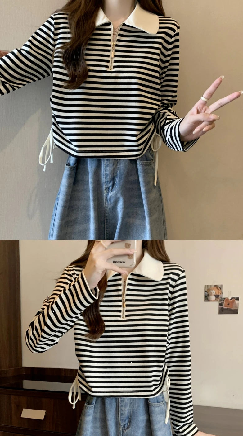 Women's Autumn Polo Shirt 2026 Striped Long Sleeve Drawstring Teddy Bear Collar Slimming T-Shirt