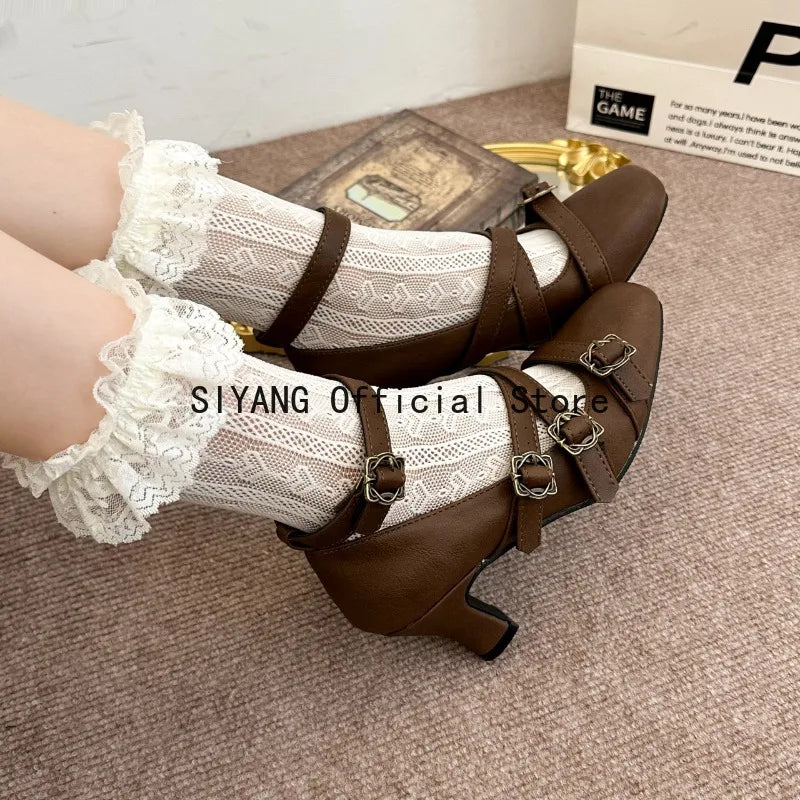Sweet Lolita Cross Buckle Strap Women Mary Jane Shoes Fashion Multi Metal Buckle Shoes Retro Wedding Party Dress Ladies Pumps