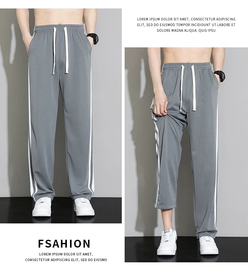 Summer New Men Sweatpants Joggers Straight Pants Neutral Breathable Loose Outdoor Quick Drying Fabric Striped Casual Trouser