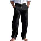 Men's Linen Pants Men's Lightweight Linen Blend Pants Jogging Men Casual Trousers with Button Design Basic Beach Vacation