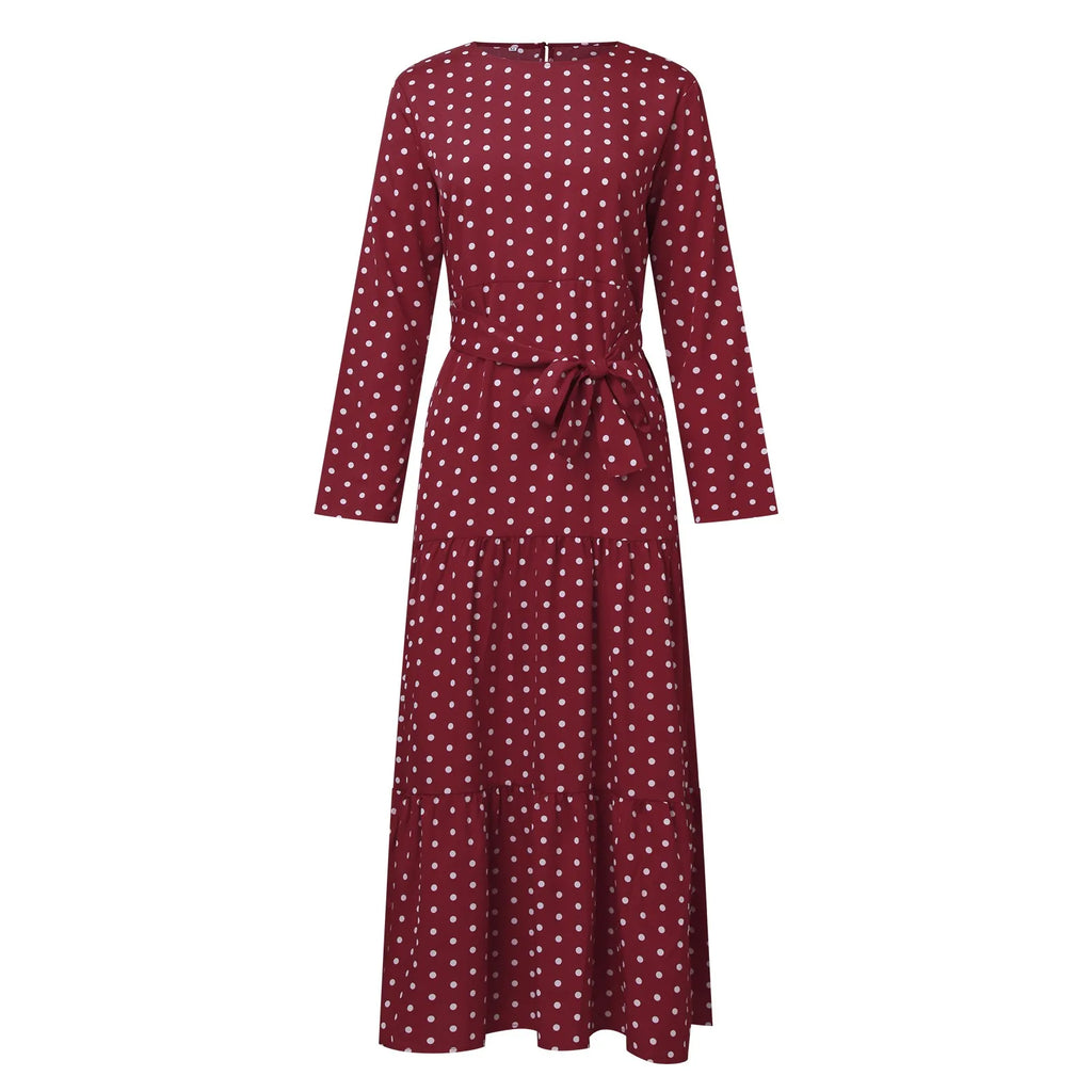 Polka Dot Muslim Dress Ruffle Belted Waist Women'S Dresses Long Sleeve Button Down Abaya Casual Vestidos Kaftan Dubai Long Robe