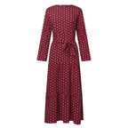 Polka Dot Muslim Dress Ruffle Belted Waist Women'S Dresses Long Sleeve Button Down Abaya Casual Vestidos Kaftan Dubai Long Robe