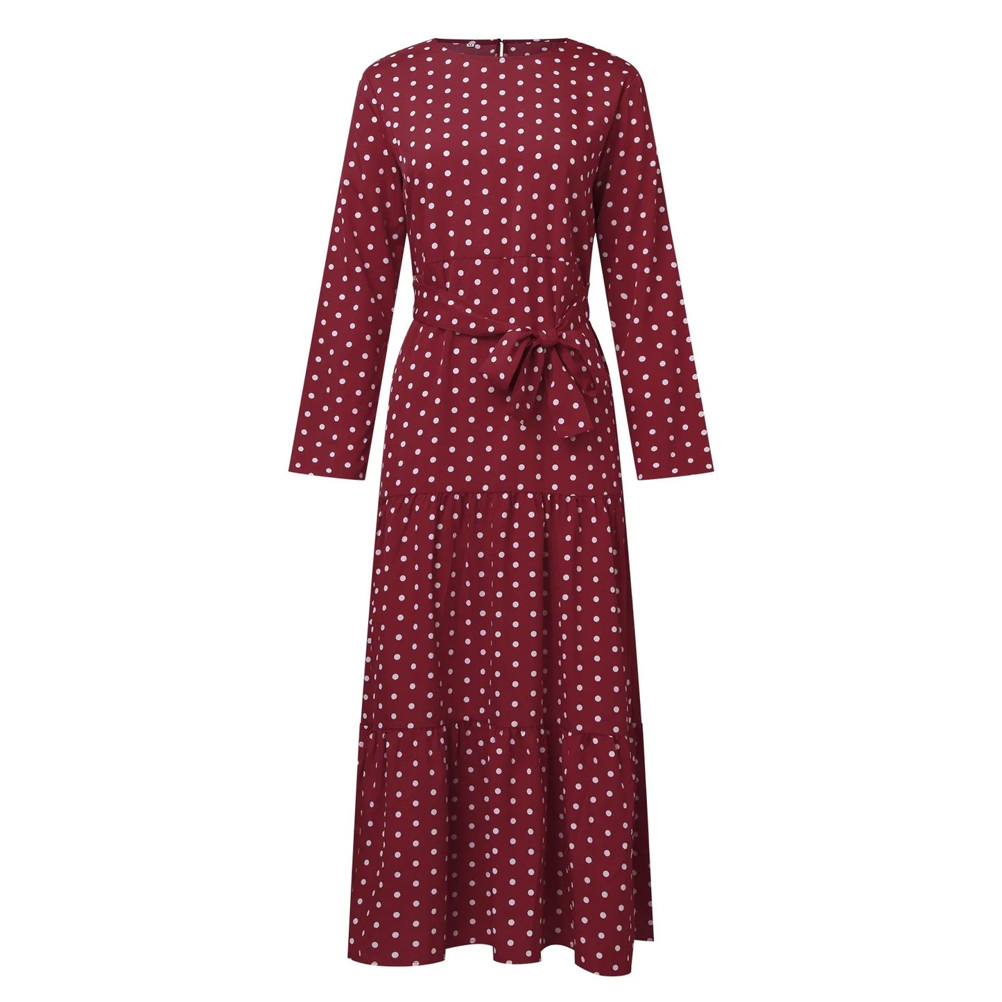 Polka Dot Muslim Dress Ruffle Belted Waist Women'S Dresses Long Sleeve Button Down Abaya Casual Vestidos Kaftan Dubai Long Robe