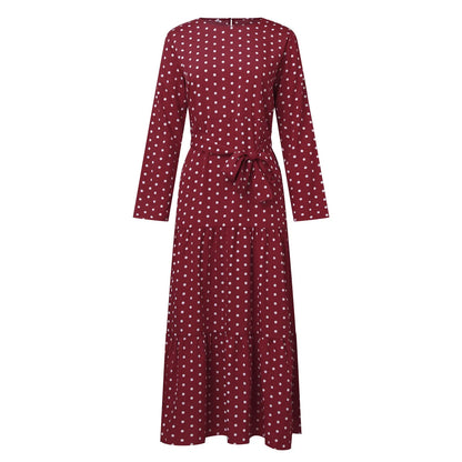 Polka Dot Muslim Dress Ruffle Belted Waist Women'S Dresses Long Sleeve Button Down Abaya Casual Vestidos Kaftan Dubai Long Robe