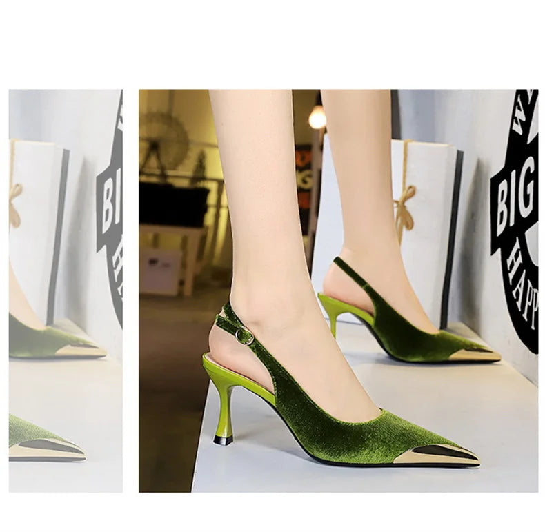 Elegant Women Green High Heel Velvet Pumps Wedding Party Slingback Sandals Metal Pointed Toe Hollow Buckle Wine Red Shoes