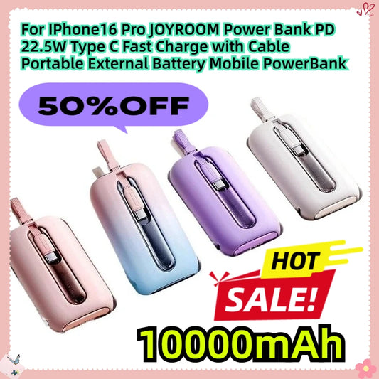 For IPhone16 Pro JOYROOM 10000mAh Power Bank PD 22.5W Type C Fast Charge with Cable Portable External Battery Mobile PowerBank