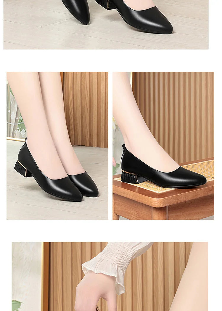 2026 Summer Women's Soft Leather Chunky Heel Pumps  Pointed Toe Low Heel Office Shoes White Work Dress Shoes Size 35-41