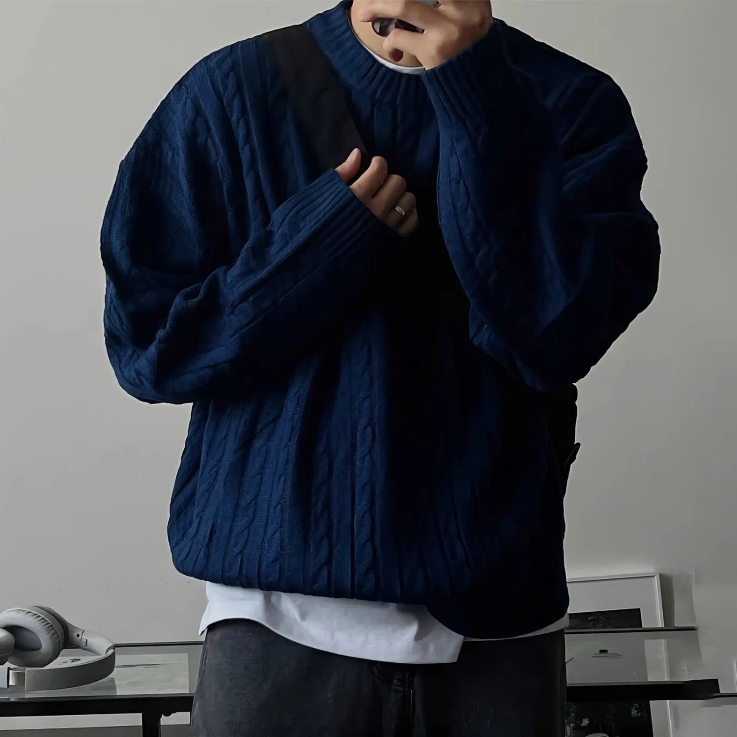 Men's Knitting Sweater 2026 Spring Autumn 0-neck Long Sleeve Knit Sweater Dark Blue Hemp Pattern Drop Shoulder Thicken Pullover