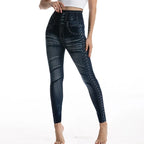 High Waist Faux Denim Jean Leggings Slim Elastic Seamless Skinny Pencil Pant Summer Female Workout Fashion Denim Jeans Leggings