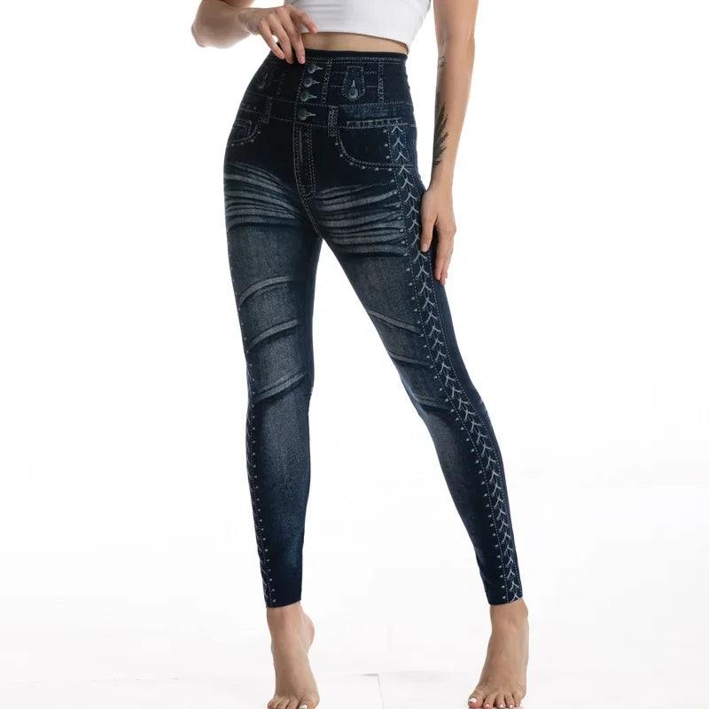 High Waist Faux Denim Jean Leggings Slim Elastic Seamless Skinny Pencil Pant Summer Female Workout Fashion Denim Jeans Leggings