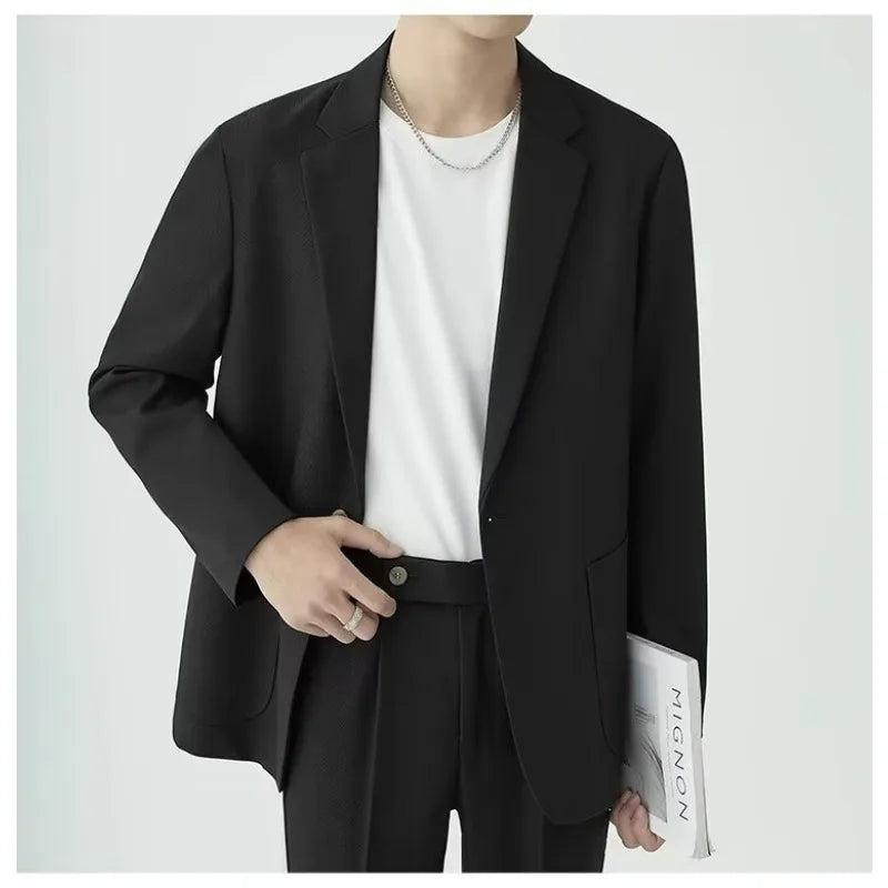 KIDWHXR Men 2-piece Outfit Loose Single-breasted Blazer Male Straight-leg Pant Man Korean Simple Solid Business Casual Suit Set