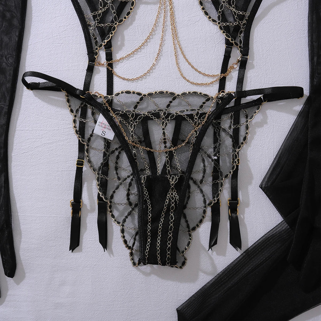 Ellolace Romantic Women's Lingerie Sets Elegant Chains Bra Belt Thong 3PC with Gloves Stockings Shiny Intimate Honey Underwear