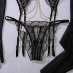 Ellolace Romantic Women's Lingerie Sets Elegant Chains Bra Belt Thong 3PC with Gloves Stockings Shiny Intimate Honey Underwear