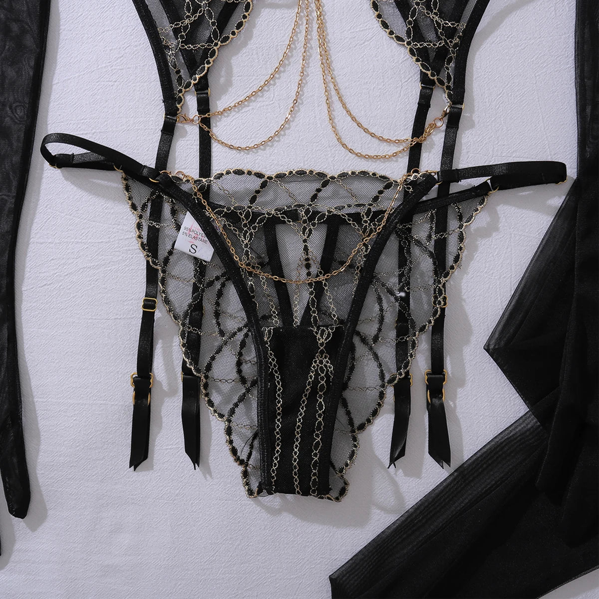 Ellolace Romantic Women's Lingerie Sets Elegant Chains Bra Belt Thong 3PC with Gloves Stockings Shiny Intimate Honey Underwear