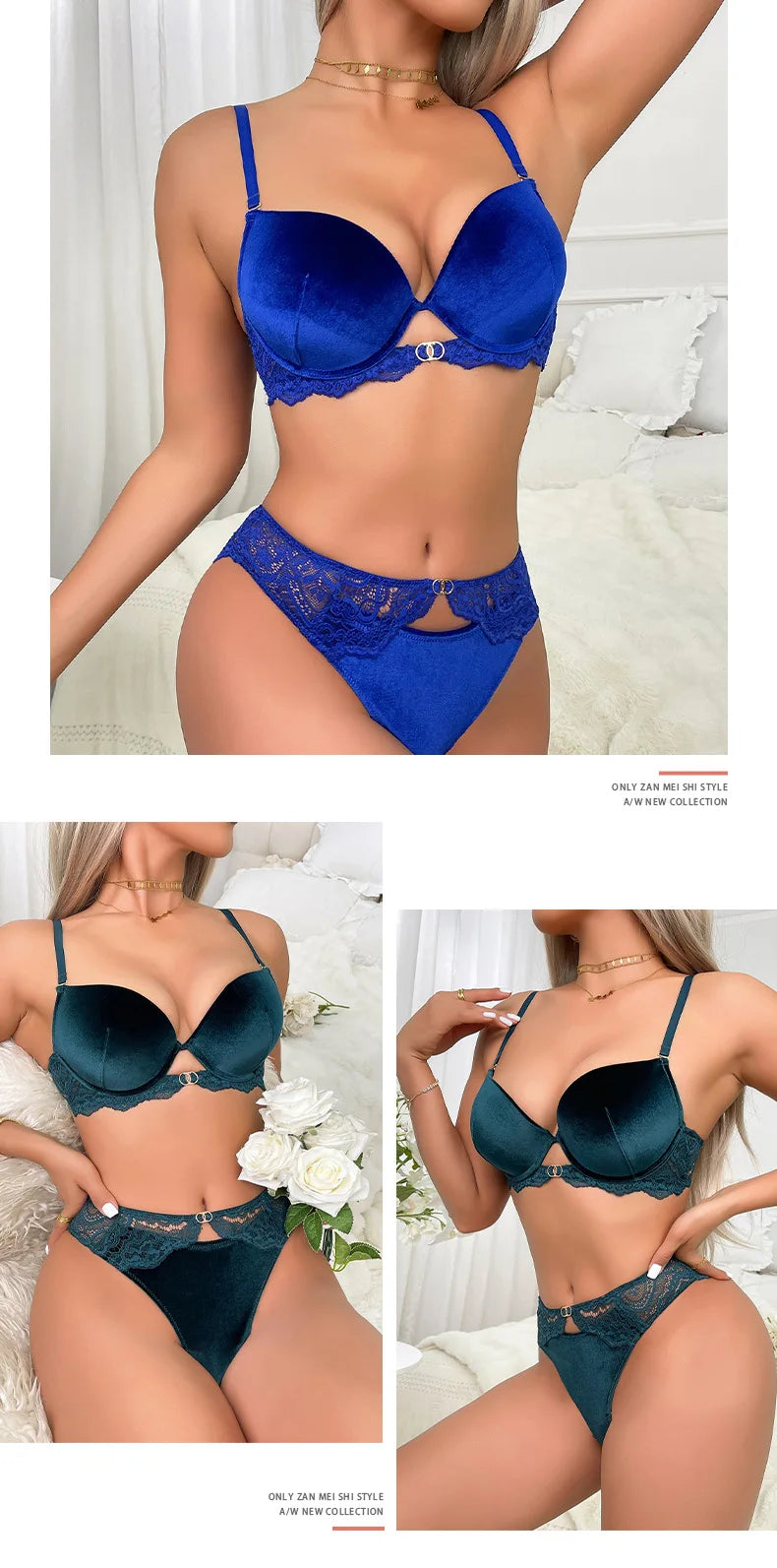 Autumn and Winter Velvet Bra Set Women's French Lace Patchwork Underwear Sexy Soft Steel Ring Ultrathin Lingerie Suit