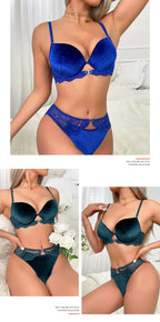 Autumn and Winter Velvet Bra Set Women's French Lace Patchwork Underwear Sexy Soft Steel Ring Ultrathin Lingerie Suit