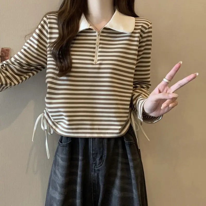 Women's Autumn Polo Shirt 2026 Striped Long Sleeve Drawstring Teddy Bear Collar Slimming T-Shirt