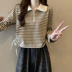 Women's Autumn Polo Shirt 2026 Striped Long Sleeve Drawstring Teddy Bear Collar Slimming T-Shirt
